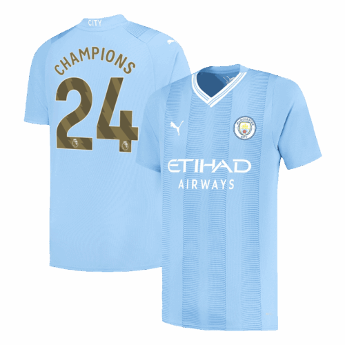Men's CHAMPIONS #24 Manchester City Home Soccer Jersey Shirt 2023/24 - Fan Version